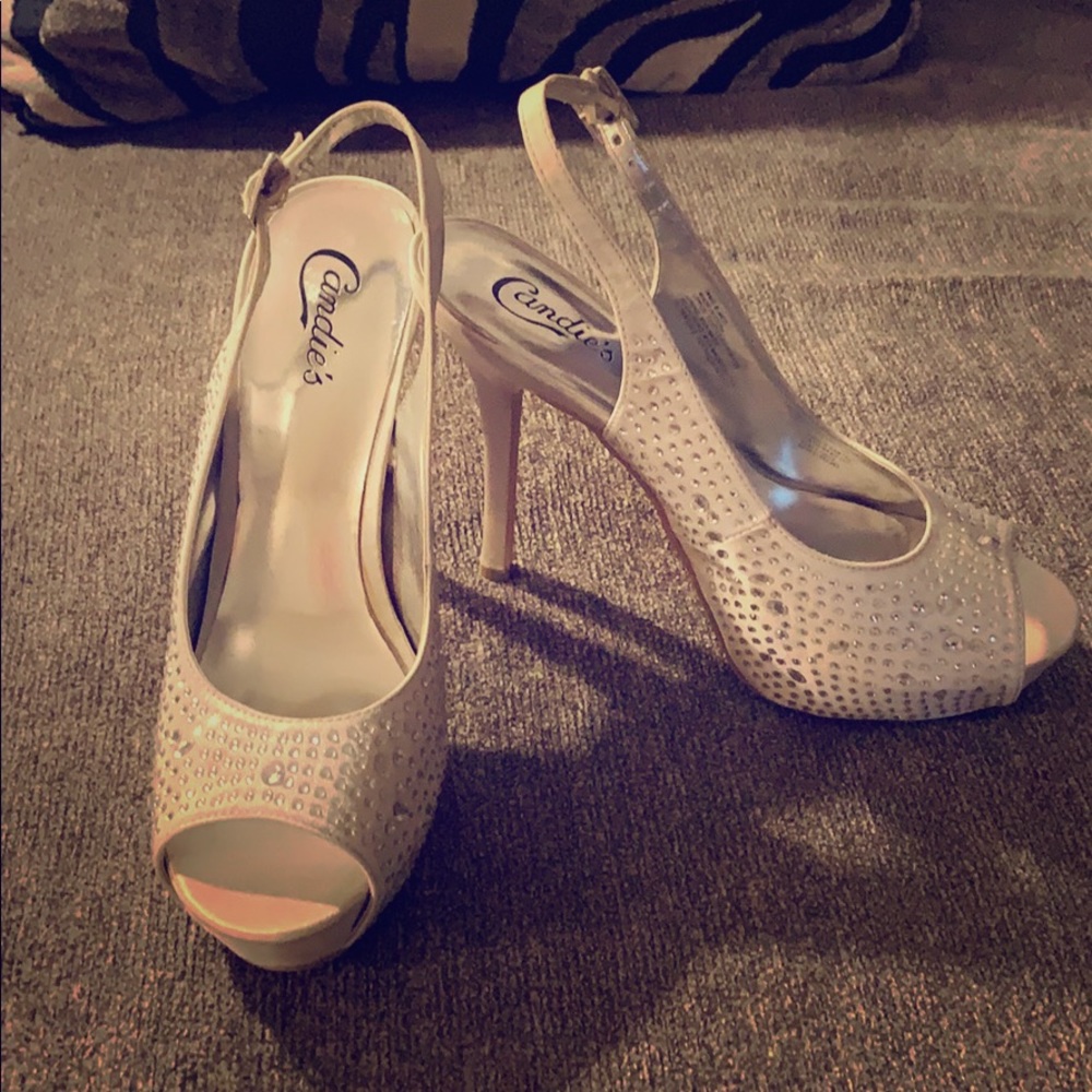 Silver rhinestone heels
